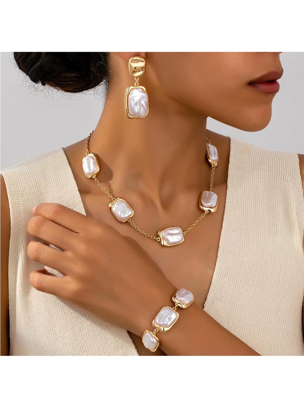 Gold Pearl Jewelry Sets for Women Baroque Pearl Necklace Drop Earrings Bracelet
